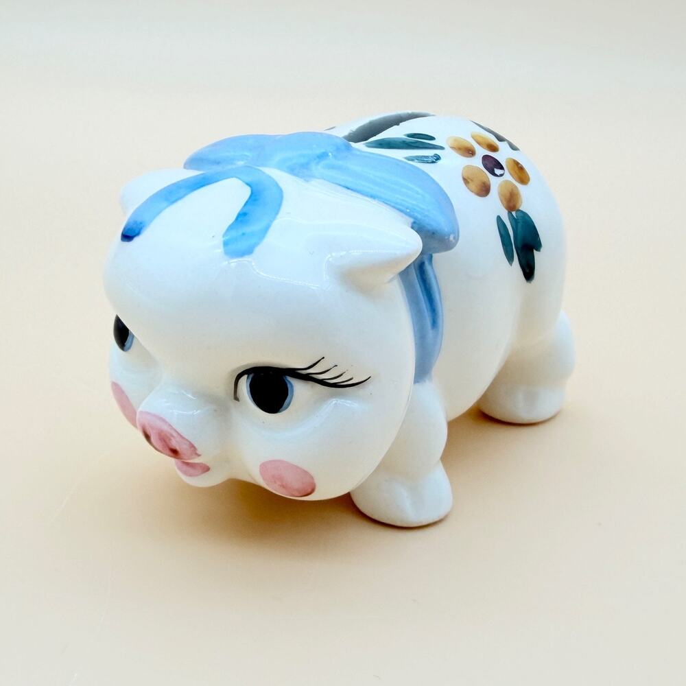 Piggy Bank Vintage Japan Ceramic Blue Bow Hand Painted Floral Eyelashes Small